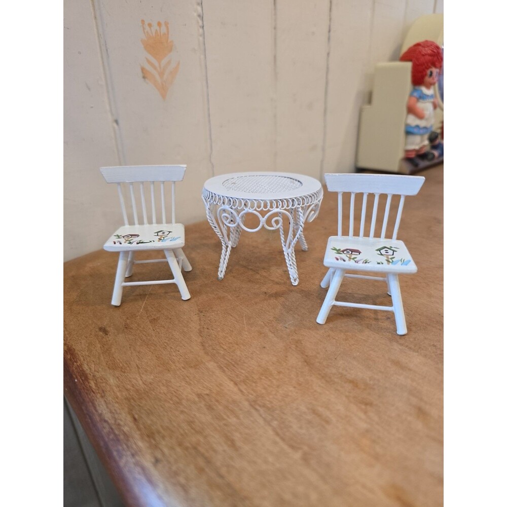 Handpainted Miniature Dollhouse Chairs & Table Cottagecore White Birdhouse Vtg